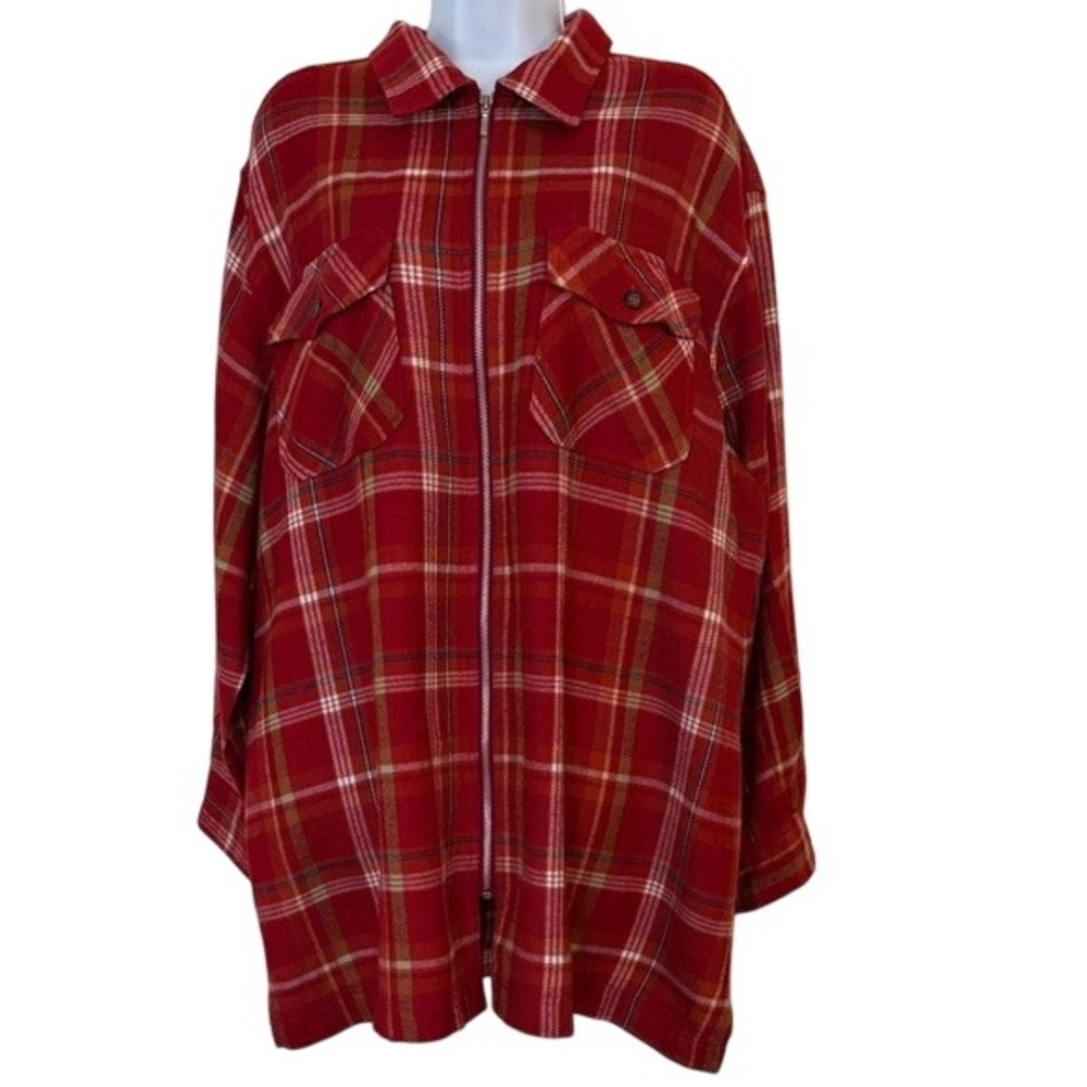 Essentials Style Red Plaid Flannel Zip Up Long Sleeve Shirt Jacket Women‎ XXL